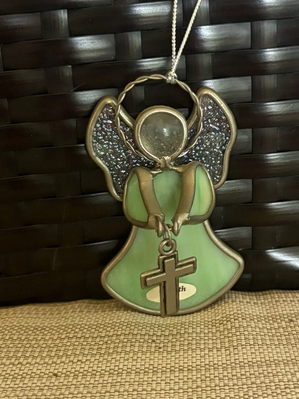 Ganz Green glass angel ornament with silver cross get well gift religious heal